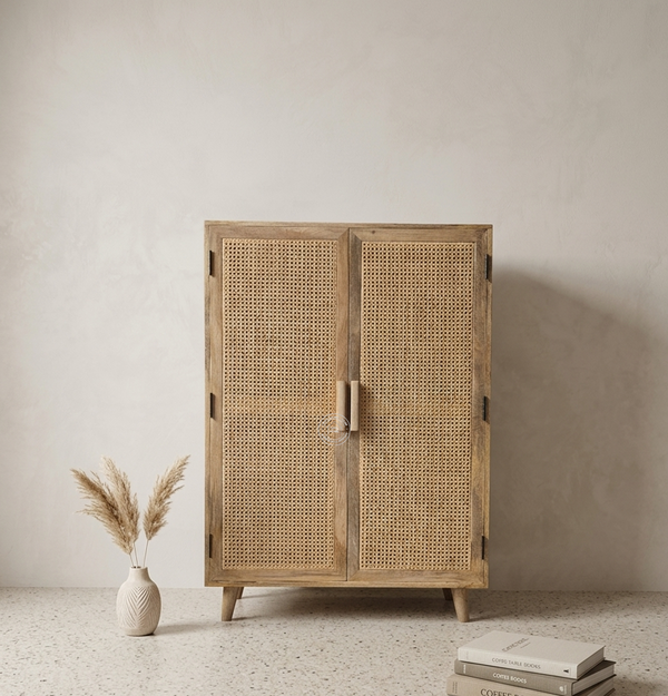 Presly Rattan 2 Door Shoe Rack – Solid Mango Wood Storage Cabinet | Natural Finish
