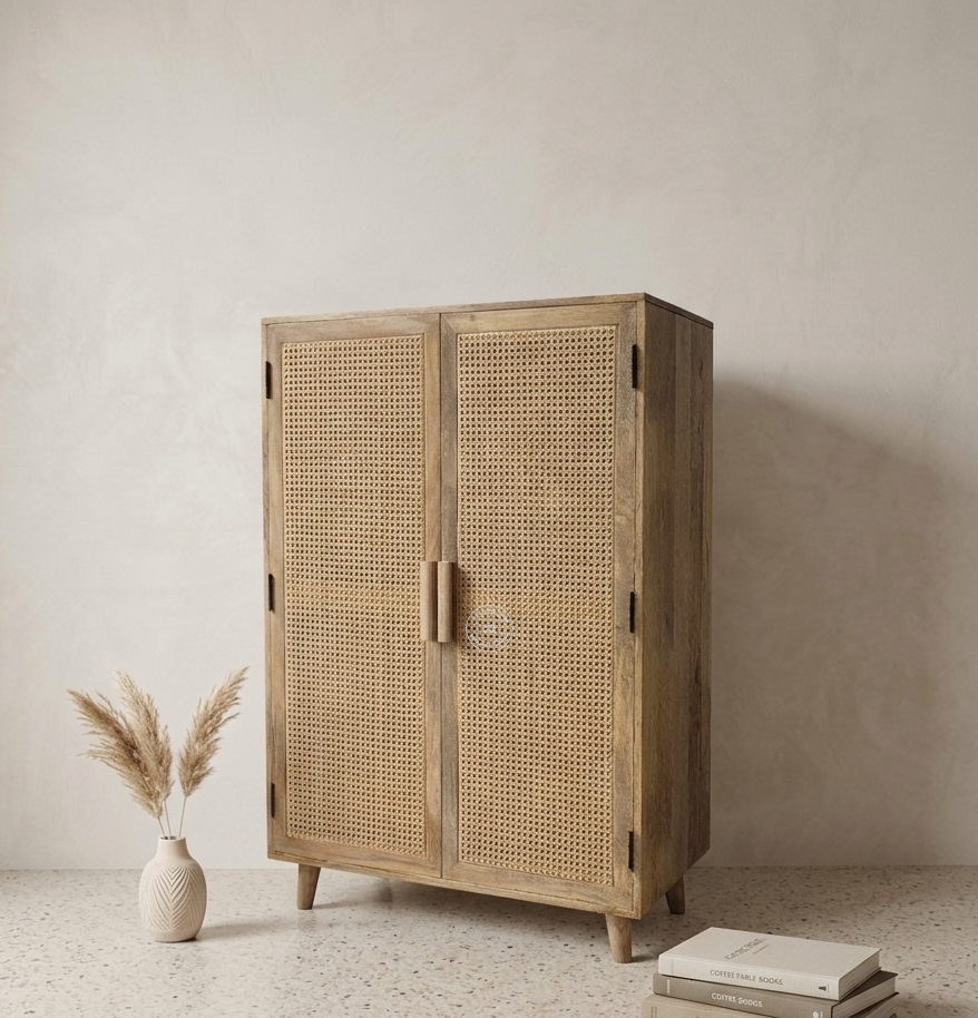 Presly Rattan 2 Door Shoe Rack – Solid Mango Wood Storage Cabinet | Natural Finish