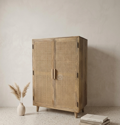 Presly Rattan 2 Door Shoe Rack – Solid Mango Wood Storage Cabinet | Natural Finish