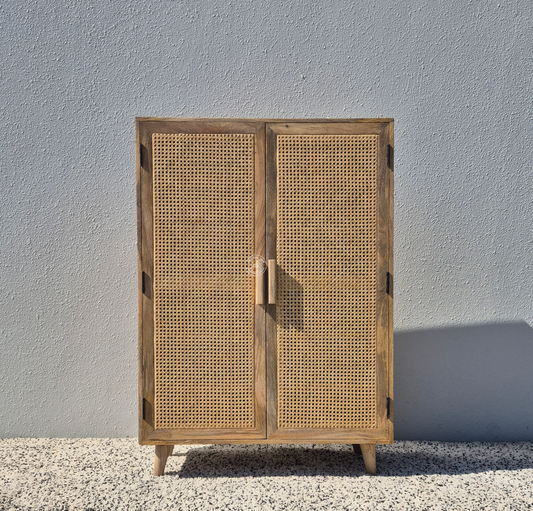 Presly Rattan 2 Door Shoe Rack – Solid Mango Wood Storage Cabinet | Natural Finish