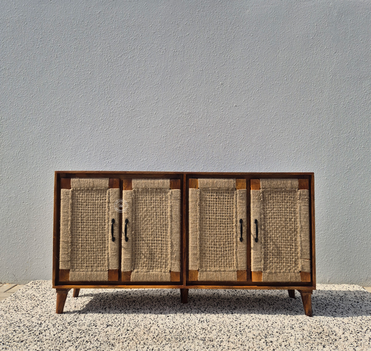 Allred Solid Mango Wood 4 Door Sideboard with Handwoven Jute – Honey Finish | Opelhme UAE
