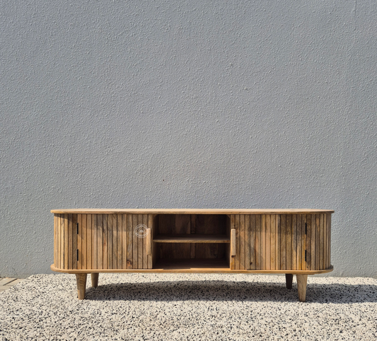 Arbela Solid Mango Wood 2 Door TV Unit – Natural Finish Wooden Media Console | Opelhome UAE