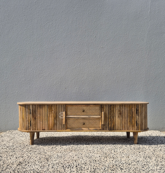 Clairan Solid Mango Wood 2 Door 2 Drawer TV Unit with Rattan – Natural Finish | Opelhome UAE