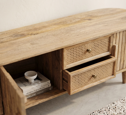 Clairan Solid Mango Wood 2 Door 2 Drawer TV Unit with Rattan – Natural Finish | Opelhome UAE