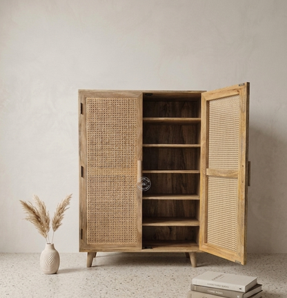 Presly Rattan 2 Door Shoe Rack – Solid Mango Wood Storage Cabinet | Natural Finish