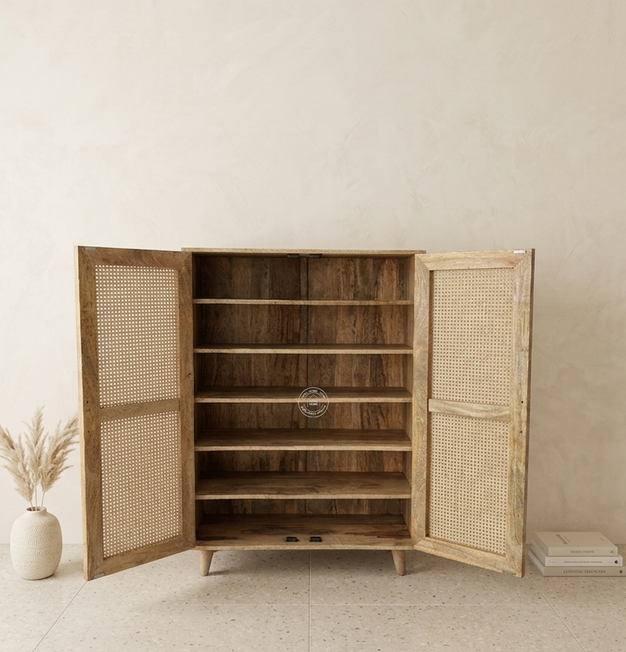 Presly Rattan 2 Door Shoe Rack – Solid Mango Wood Storage Cabinet | Natural Finish
