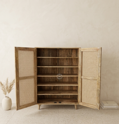 Presly Rattan 2 Door Shoe Rack – Solid Mango Wood Storage Cabinet | Natural Finish