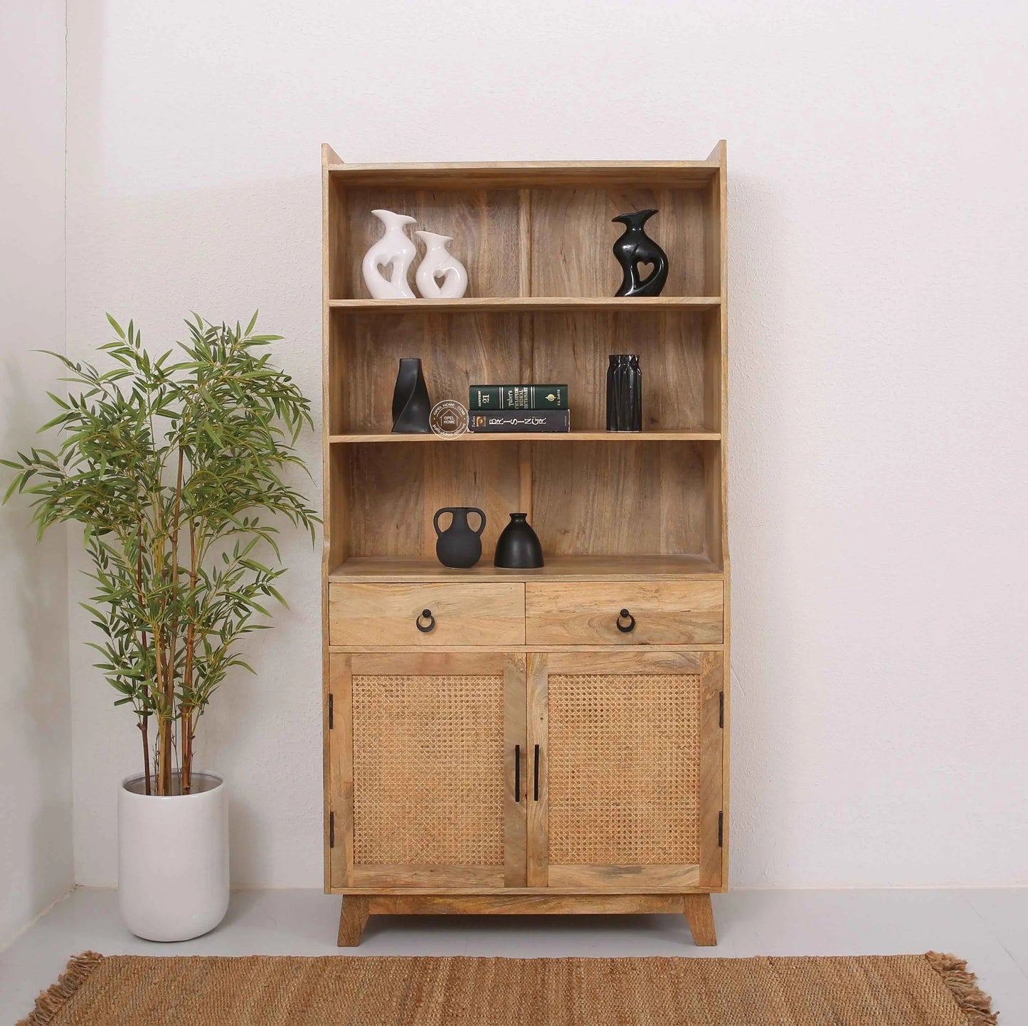 Abston Rattan Display Cabinet – Solid Wood, Natural Finish, Tall Storage | Opelhome UAE