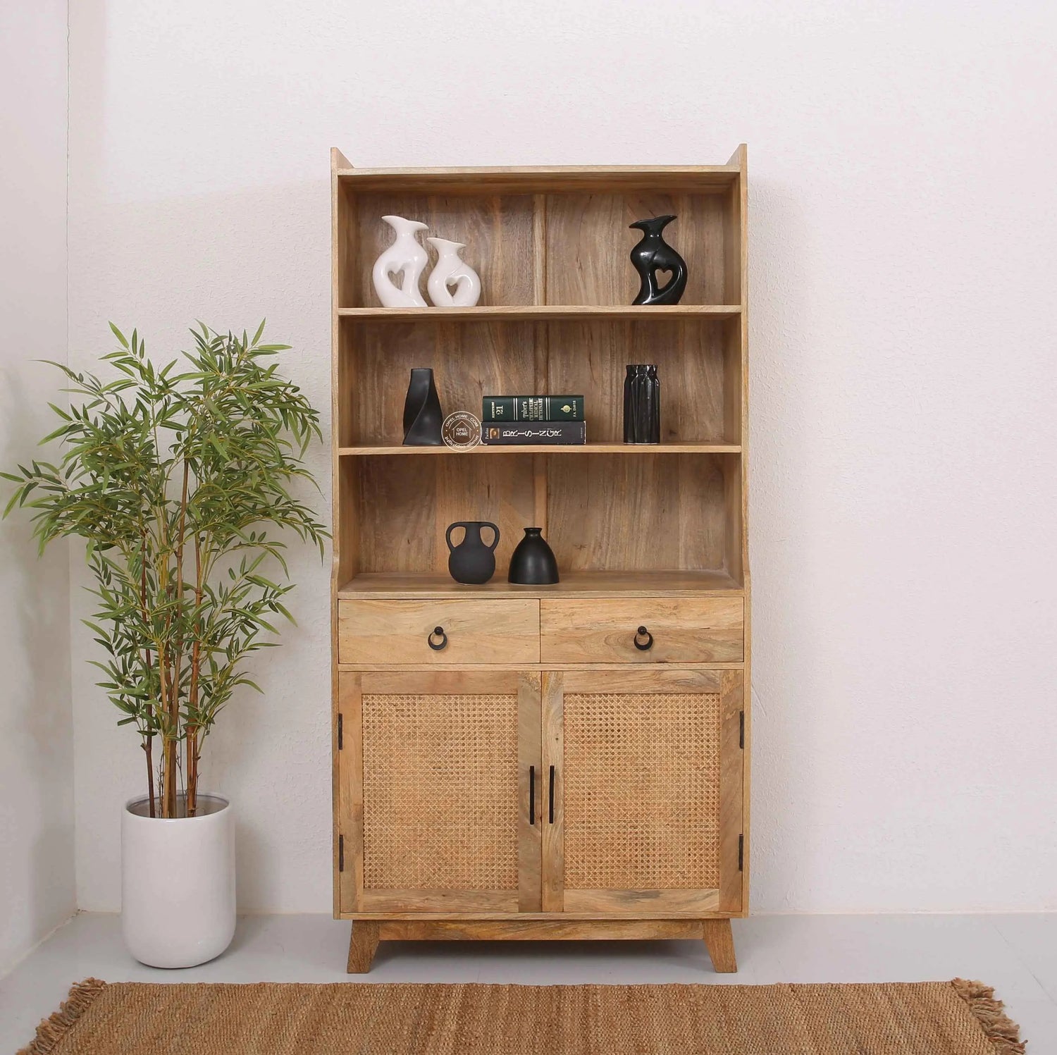 Abston Rattan Display Cabinet – Solid Wood, Natural Finish, Tall Storage | Opelhome UAE