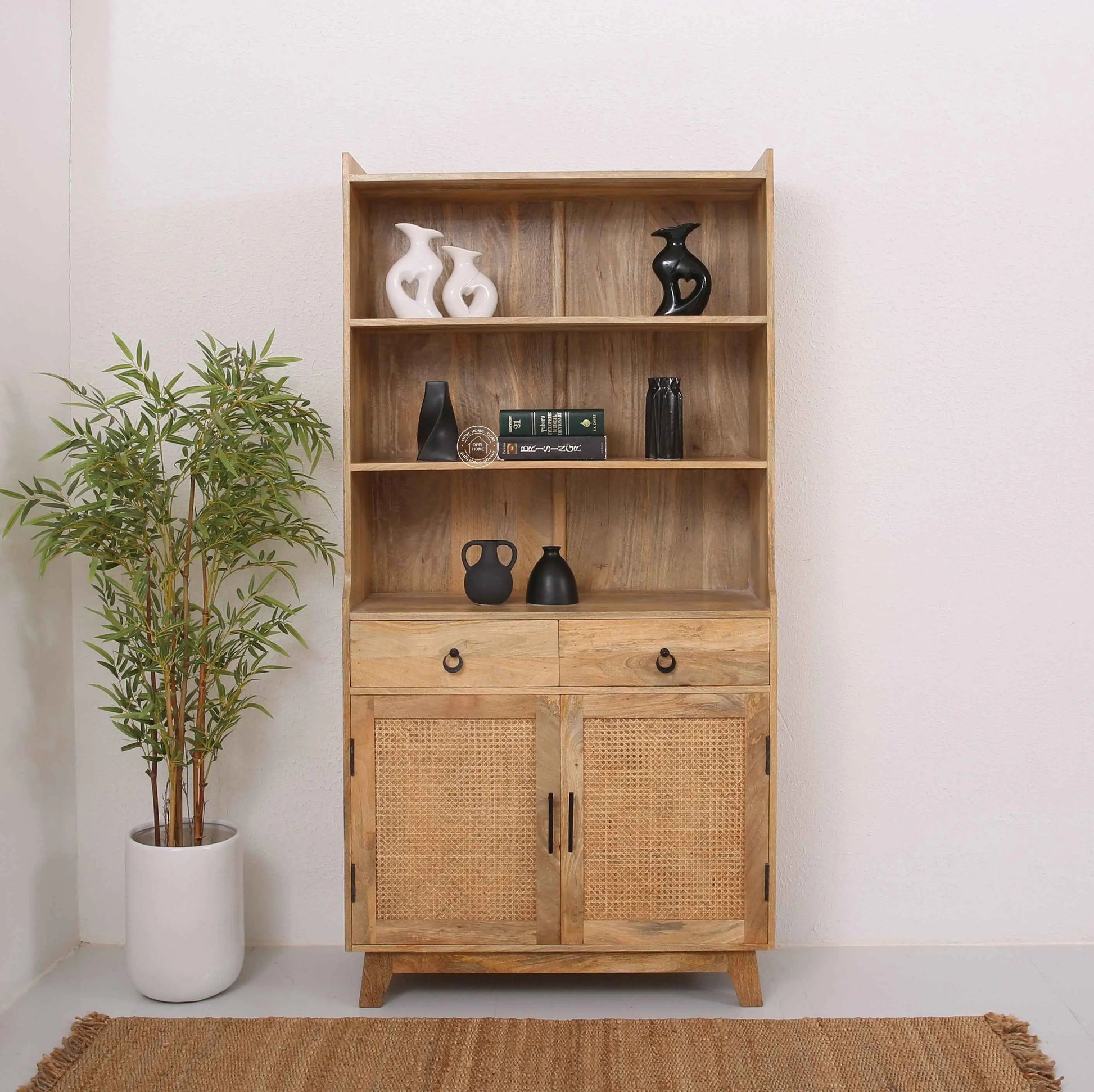 Abston Rattan Display Cabinet – Solid Wood, Natural Finish, Tall Storage | Opelhome UAE