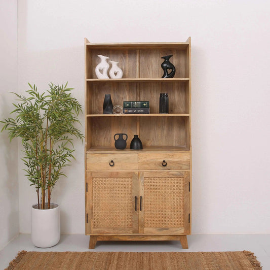 Abston Rattan Display Cabinet – Solid Wood, Natural Finish, Tall Storage | Opelhome UAE
