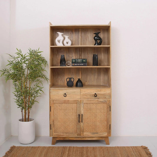 Abston Rattan Display Cabinet – Solid Wood, Natural Finish, Tall Storage | Opelhome UAE