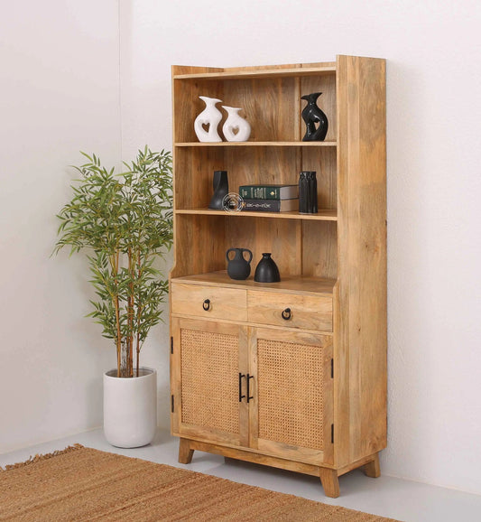 Abston Rattan Display Cabinet – Solid Wood, Natural Finish, Tall Storage | Opelhome UAE