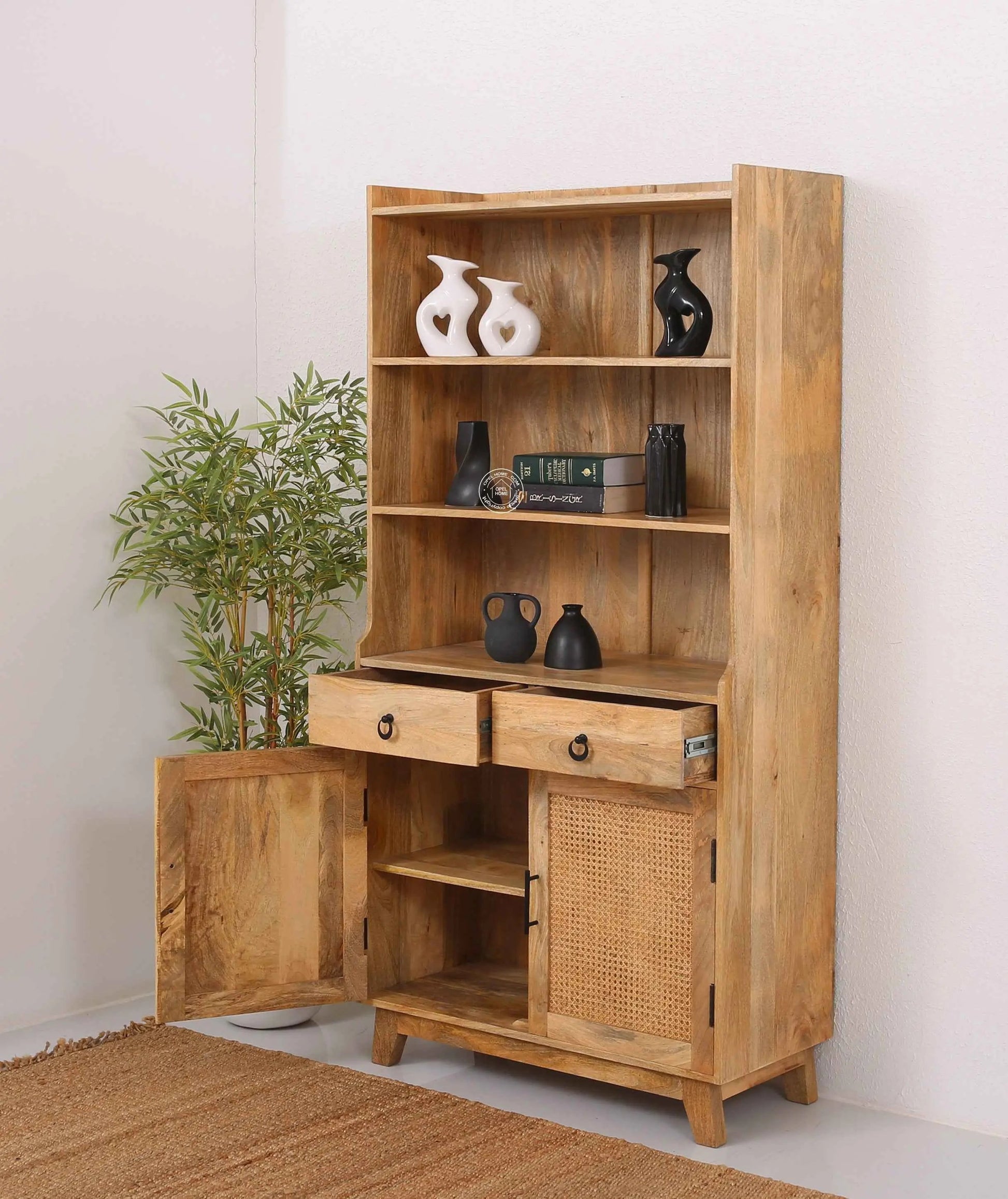 Abston Rattan Display Cabinet – Solid Wood, Natural Finish, Tall Storage | Opelhome UAE