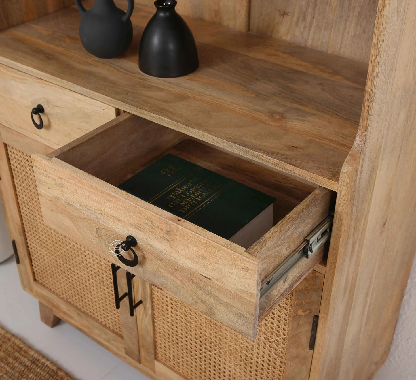 Abston Rattan Display Cabinet – Solid Wood, Natural Finish, Tall Storage | Opelhome UAE