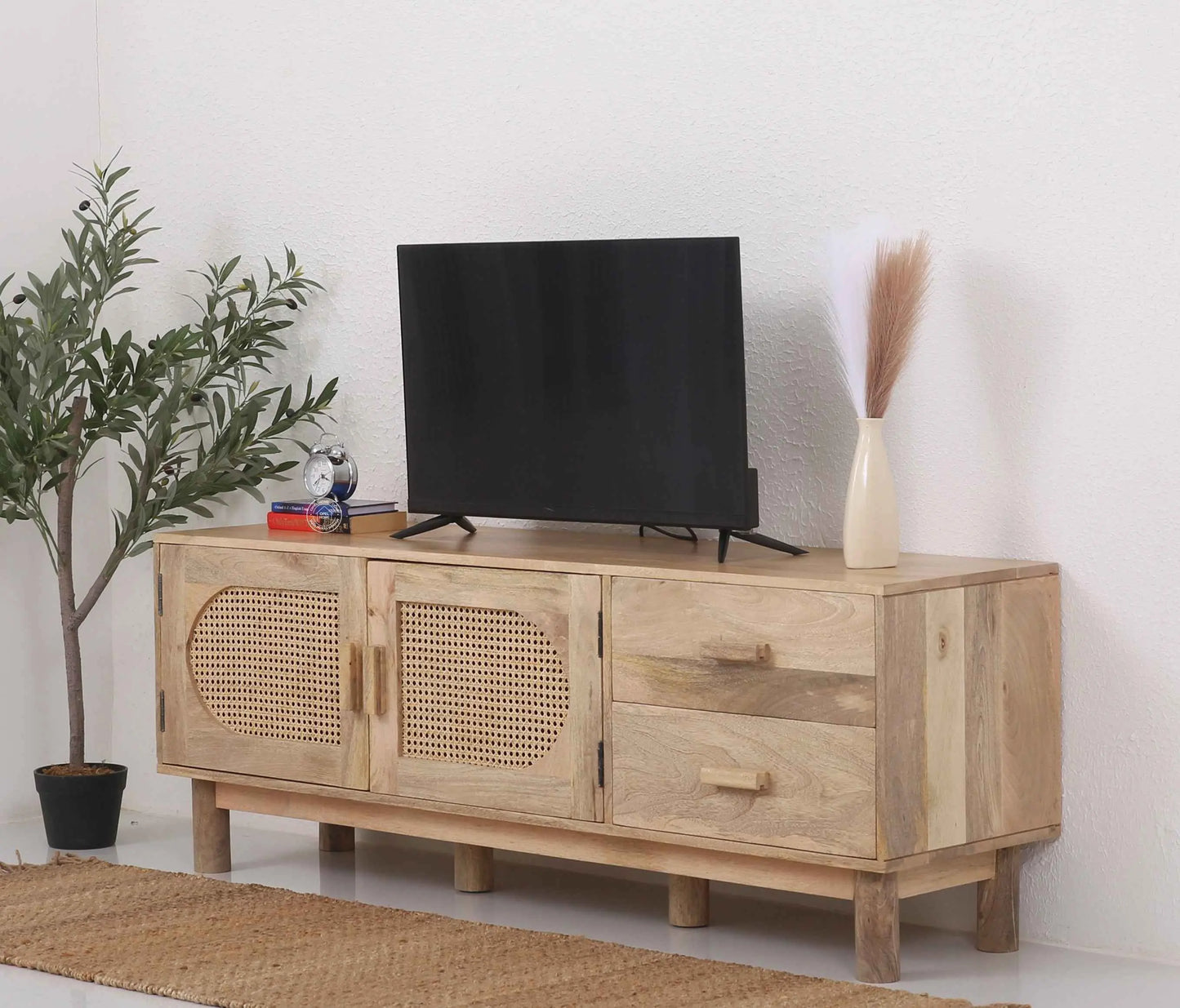 Adam Rattan Media Unit – Solid Mango Wood, Natural Finish, TV Console | Opelhome UAE