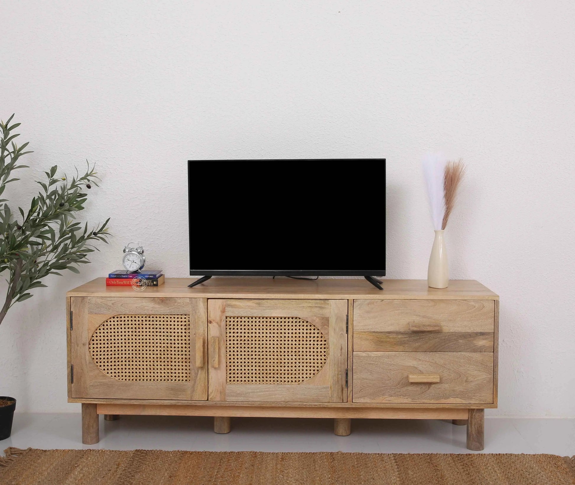 Adam Rattan Media Unit – Solid Mango Wood, Natural Finish, TV Console | Opelhome UAE