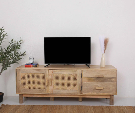Adam Rattan Media Unit – Solid Mango Wood, Natural Finish, TV Console | Opelhome UAE