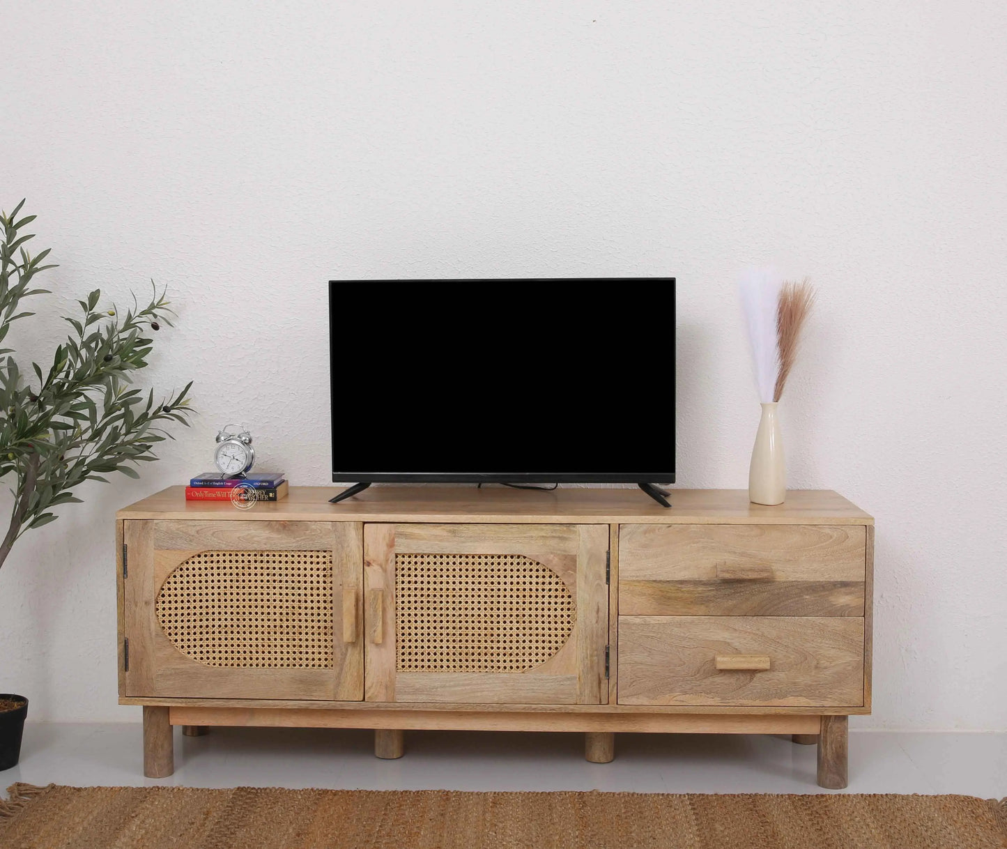 Adam Rattan Media Unit – Solid Mango Wood, Natural Finish, TV Console | Opelhome UAE