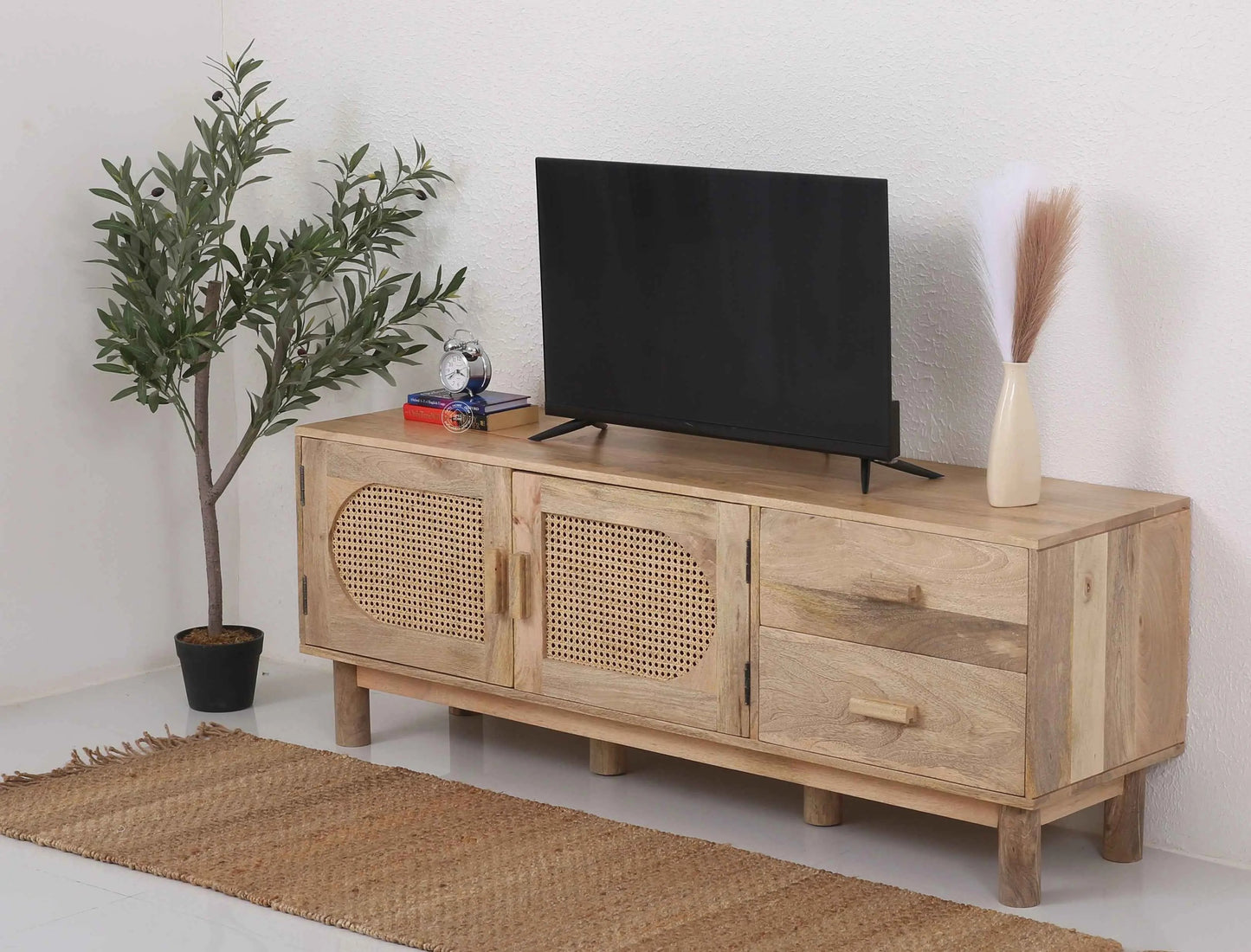 Adam Rattan Media Unit – Solid Mango Wood, Natural Finish, TV Console | Opelhome UAE