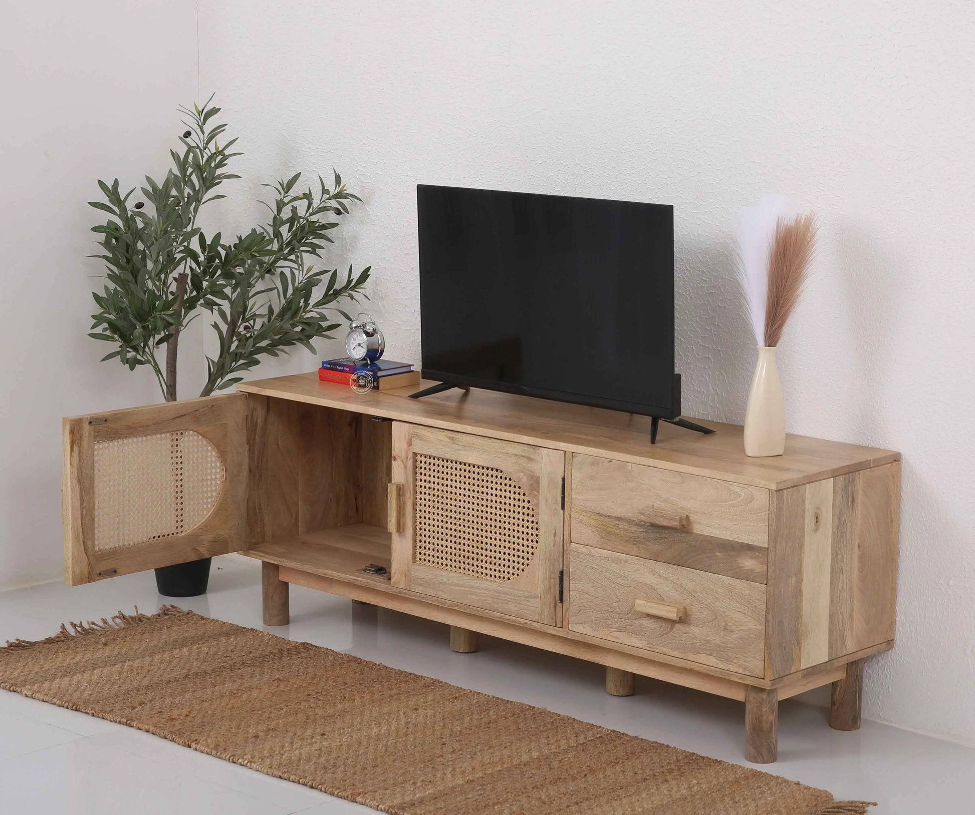 Adam Rattan Media Unit – Solid Mango Wood, Natural Finish, TV Console | Opelhome UAE
