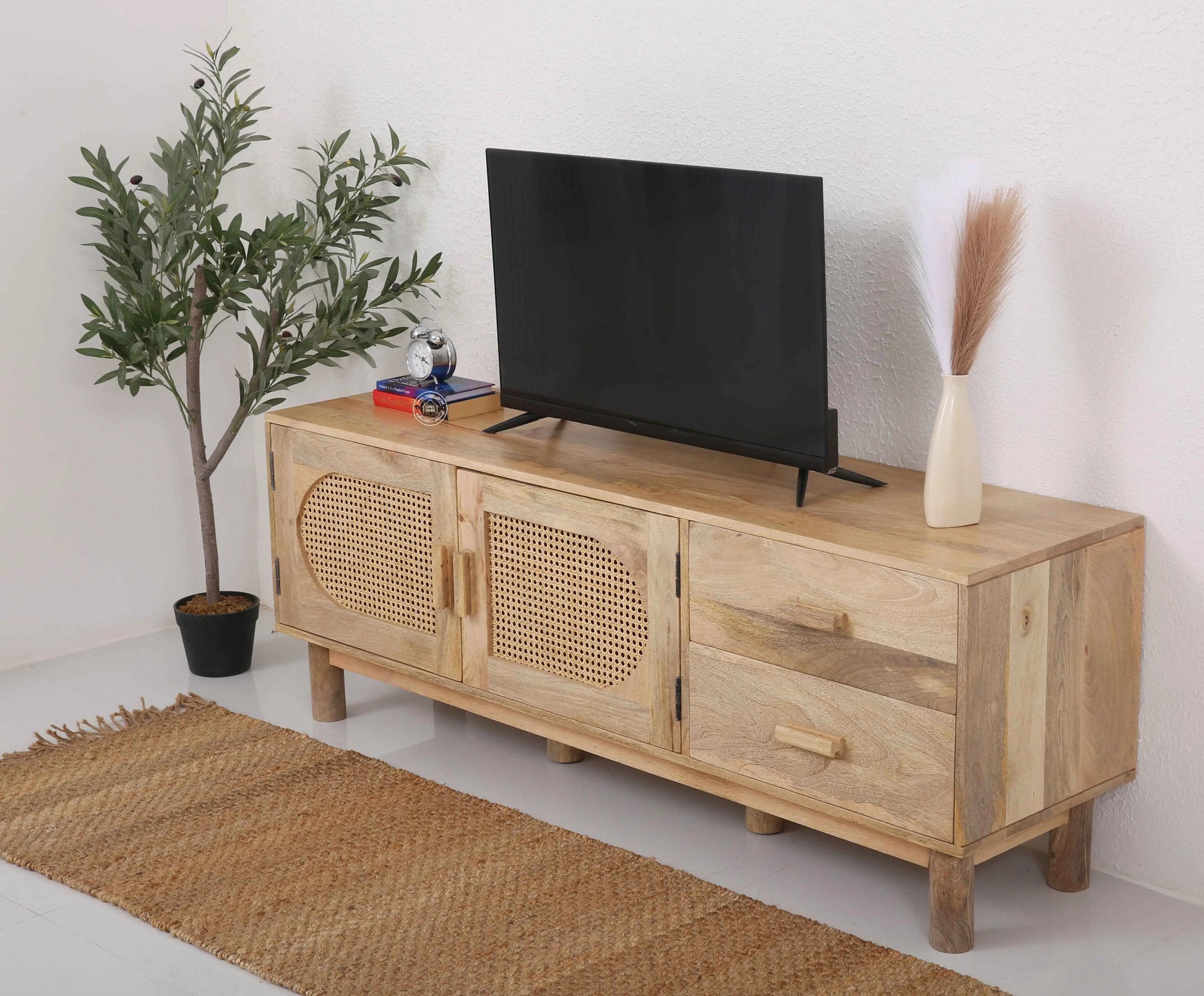 Adam Rattan Media Unit – Solid Mango Wood, Natural Finish, TV Console | Opelhome UAE