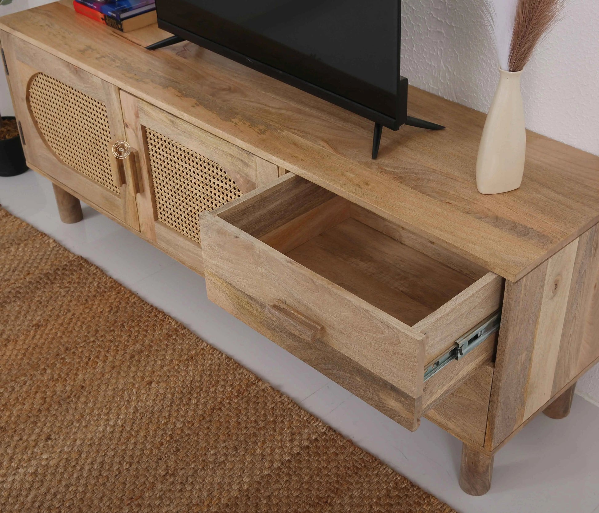Adam Rattan Media Unit – Solid Mango Wood, Natural Finish, TV Console | Opelhome UAE