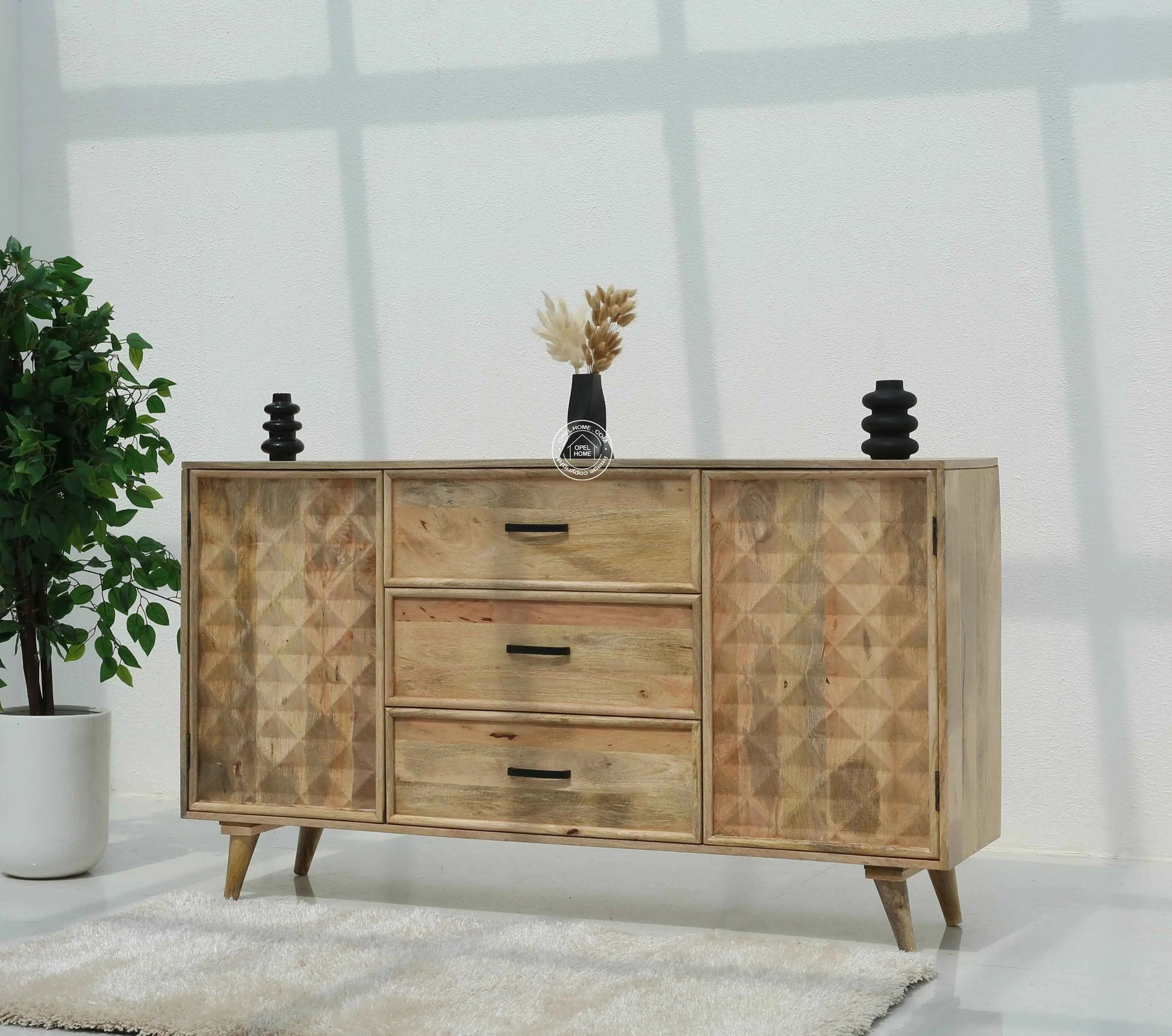 Aeris Wooden Sideboard – 3 Drawers, 2 Doors, Solid Mango Wood, Natural Finish | Opelhome UAE