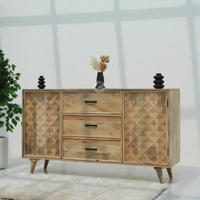 Aeris Wooden Sideboard – 3 Drawers, 2 Doors, Solid Mango Wood, Natural Finish | Opelhome UAE