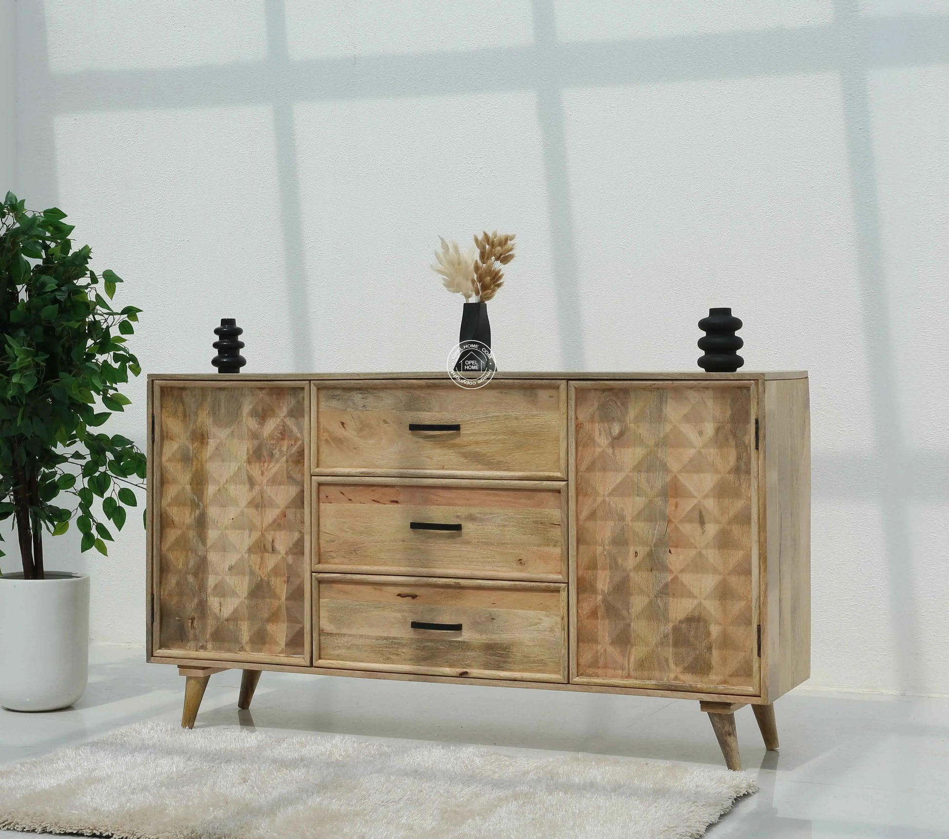 Aeris Wooden Sideboard – 3 Drawers, 2 Doors, Solid Mango Wood, Natural Finish | Opelhome UAE