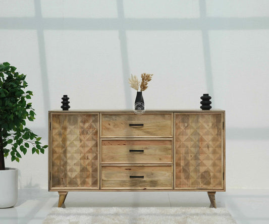 Aeris Wooden Sideboard – 3 Drawers, 2 Doors, Solid Mango Wood, Natural Finish | Opelhome UAE