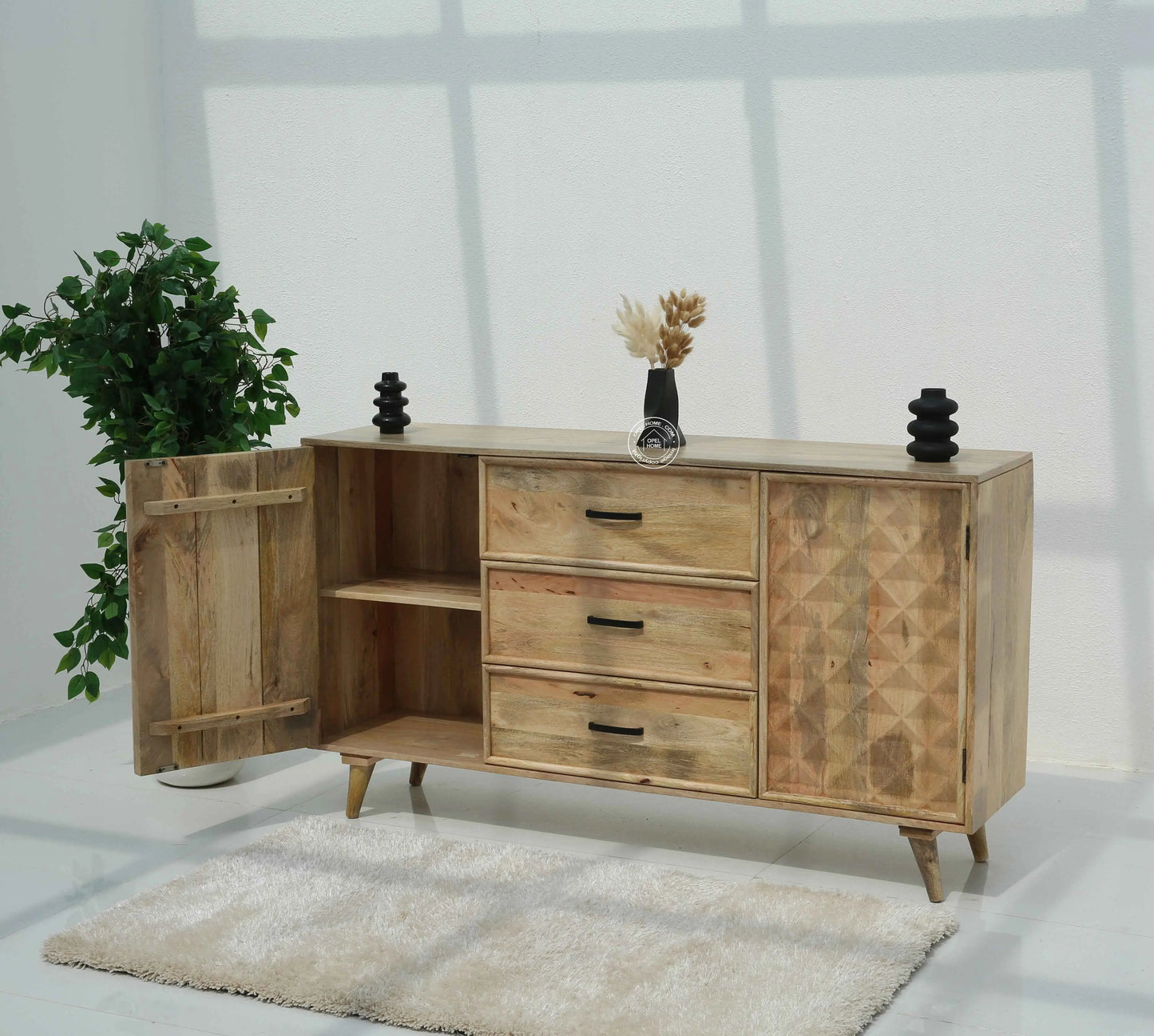 Aeris Wooden Sideboard – 3 Drawers, 2 Doors, Solid Mango Wood, Natural Finish | Opelhome UAE