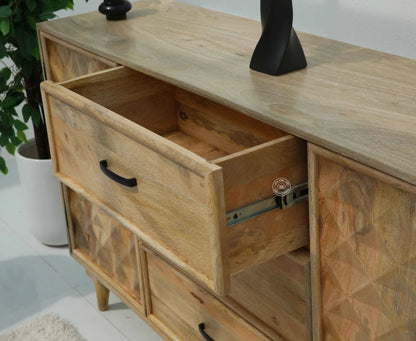 Aeris Wooden Sideboard – 3 Drawers, 2 Doors, Solid Mango Wood, Natural Finish | Opelhome UAE