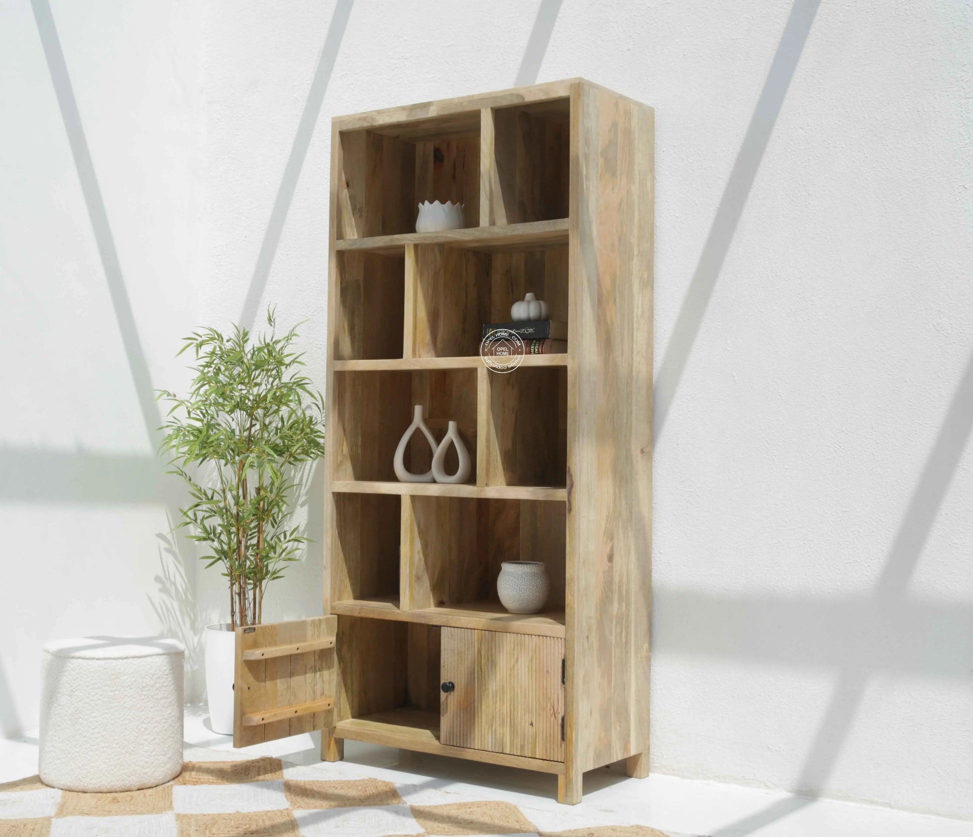 Aldora Solid Wood Display Cabinet – Solid Mango Wood, Natural Finish | Opelhome UAE