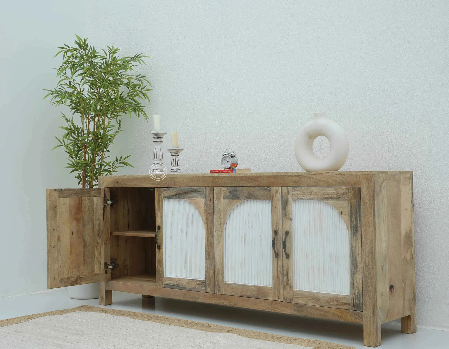 Alexis Wooden Sideboard – 4 Doors, Solid Mango Wood, Natural Finish | Opelhome UAE