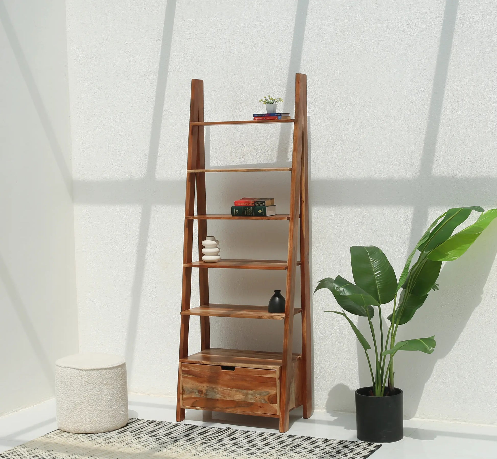 Alferd Ladder Acacia Wood Bookcase with Drawer | Opelhome UAE - Opelhome