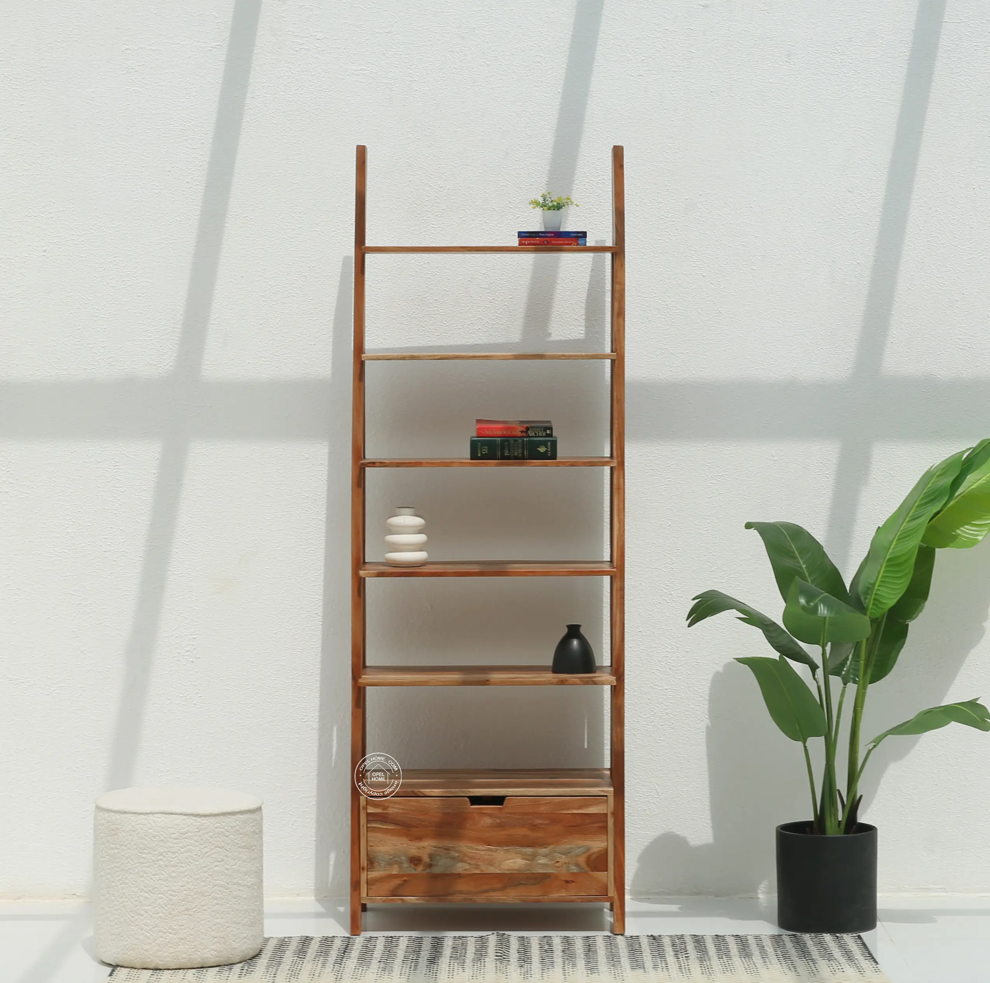 Alferd Ladder Acacia Wood Bookcase with Drawer | Opelhome UAE - Opelhome
