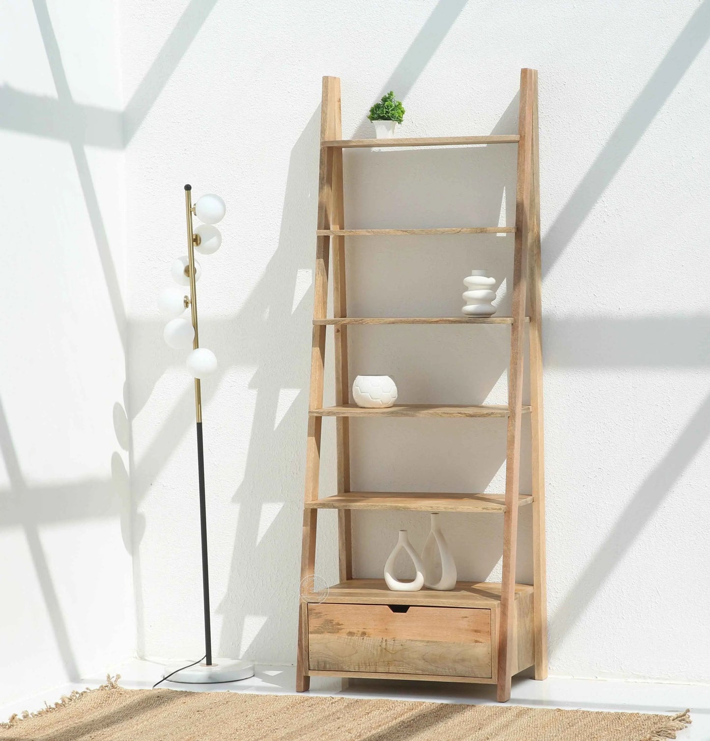 Alferd Ladder Mango Wood Bookcase with Drawer – Natural Finish, 196 cm | Opelhome UAE