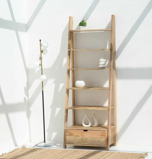 Alferd Ladder Mango Wood Bookcase with Drawer – Natural Finish, 196 cm | Opelhome UAE