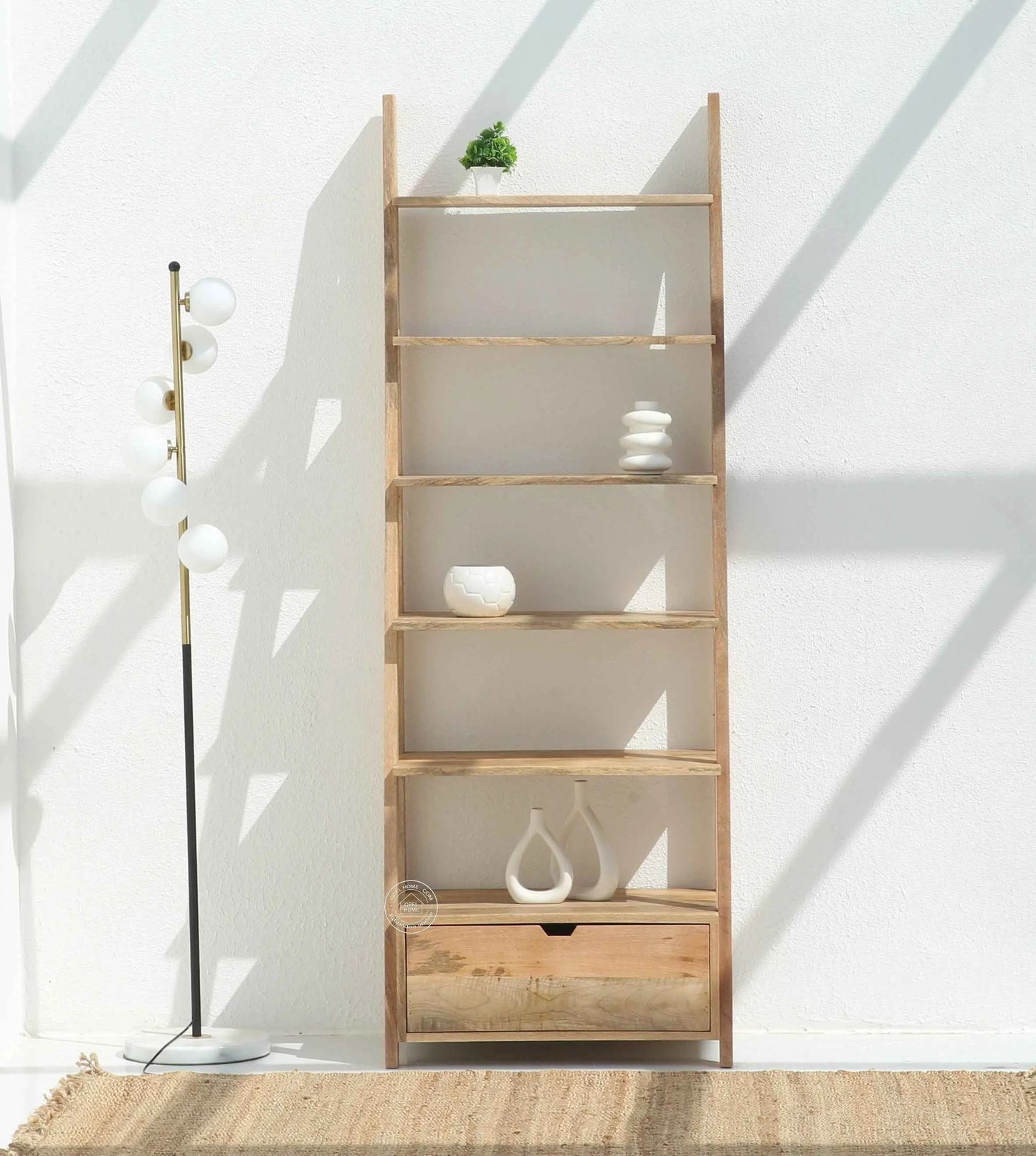 Alferd Ladder Mango Wood Bookcase with Drawer – Natural Finish, 196 cm | Opelhome UAE