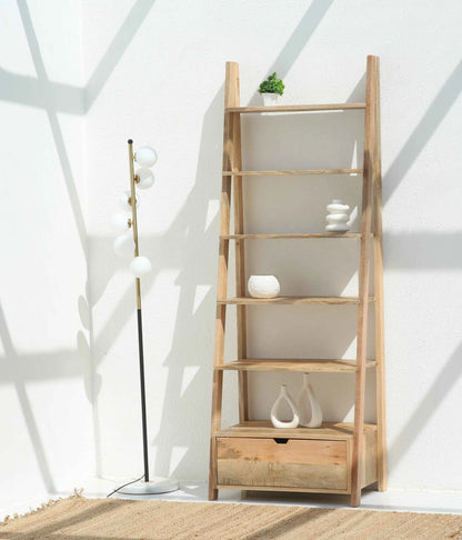 Alferd Ladder Mango Wood Bookcase with Drawer – Natural Finish, 196 cm | Opelhome UAE