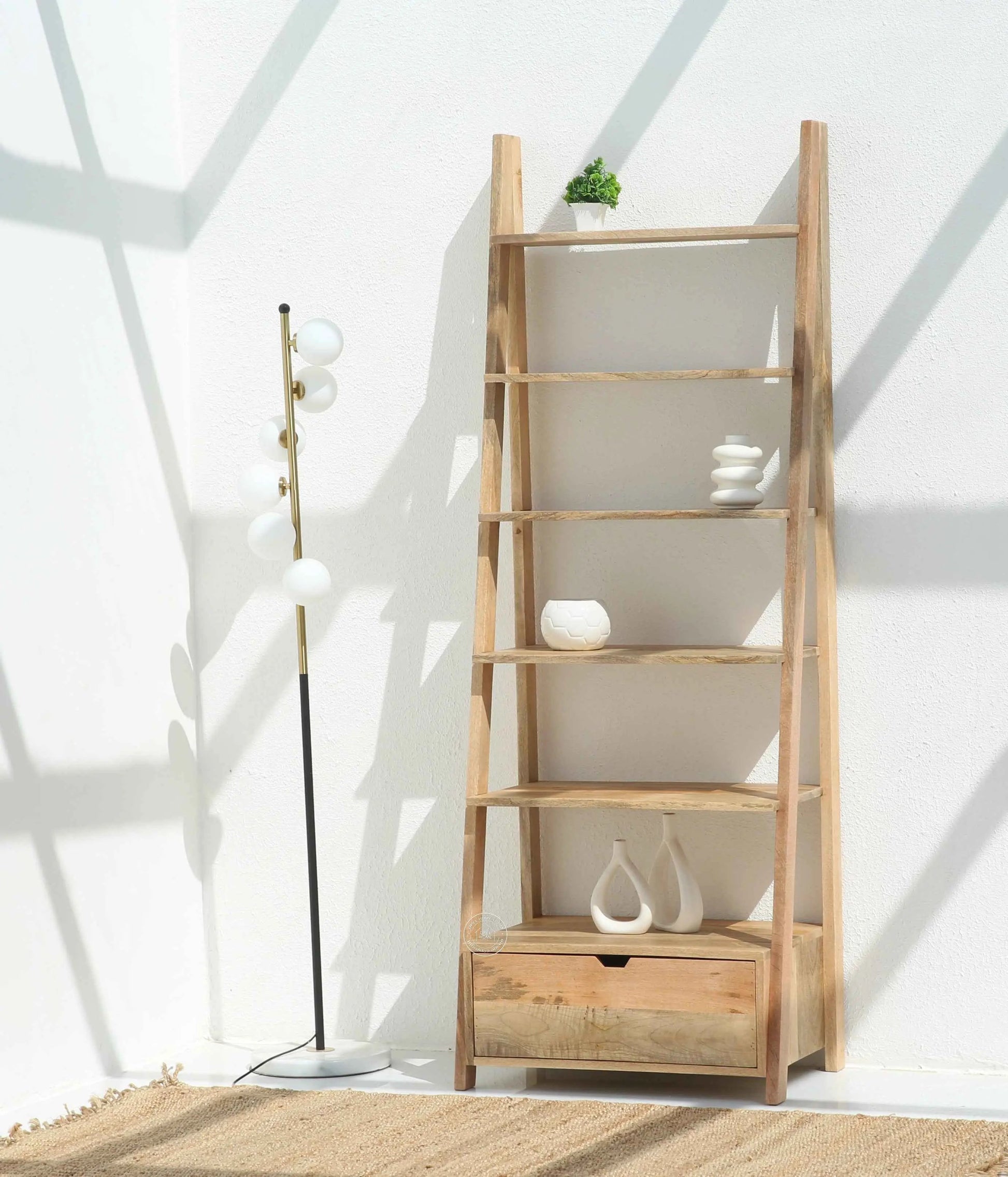 Alferd Ladder Mango Wood Bookcase with Drawer – Natural Finish, 196 cm | Opelhome UAE