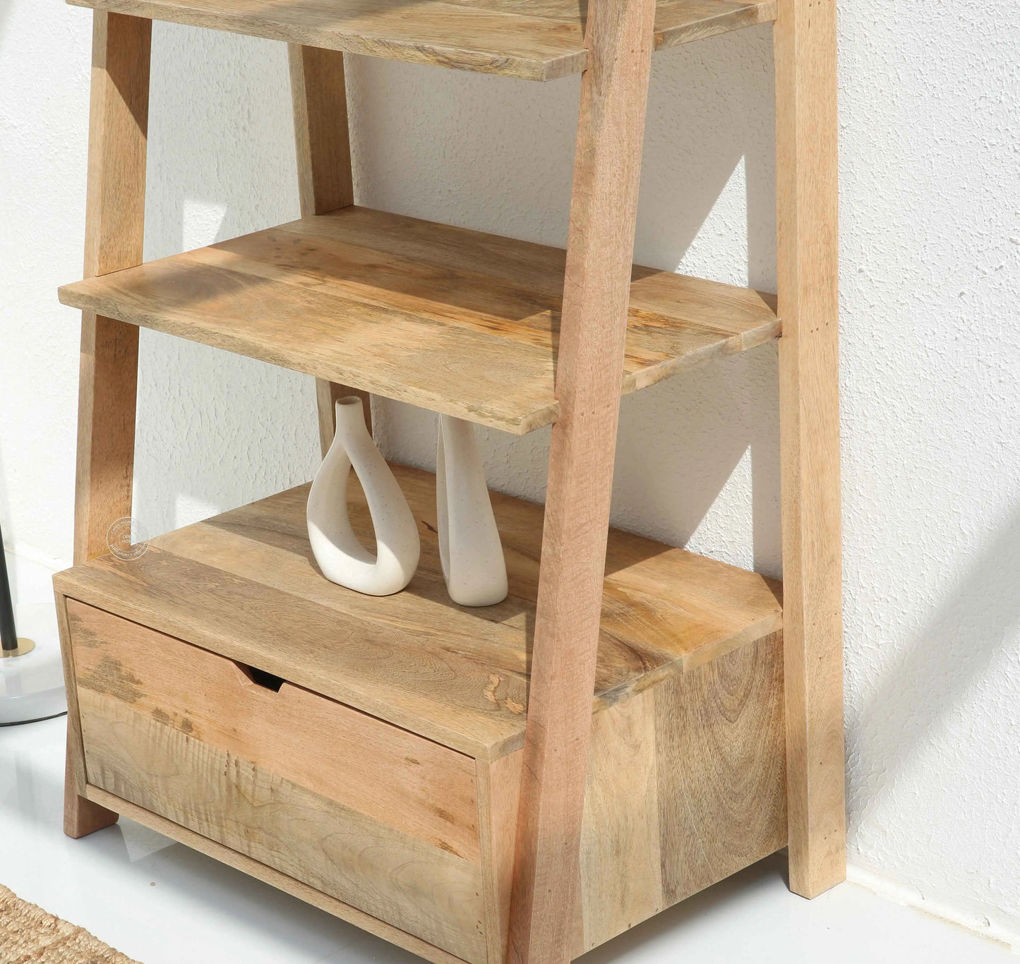 Alferd Ladder Mango Wood Bookcase with Drawer – Natural Finish, 196 cm | Opelhome UAE