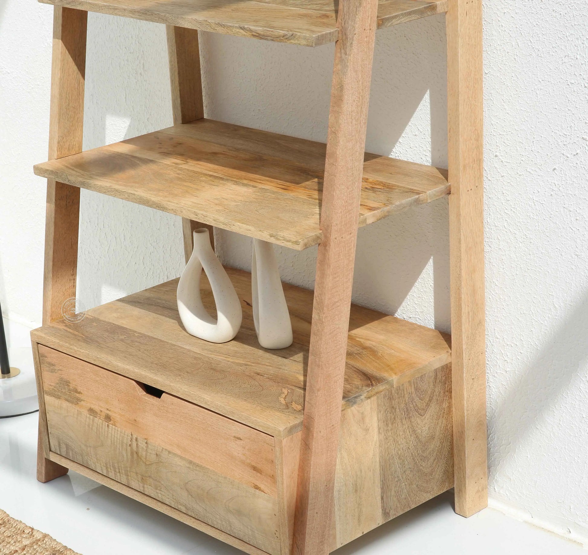 Alferd Ladder Mango Wood Bookcase with Drawer – Natural Finish, 196 cm | Opelhome UAE