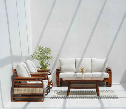 Alleana 3+1+1 Seater Wooden Sofa Set  (Honey finish , Without Coffee Table) | Opelhome UAE