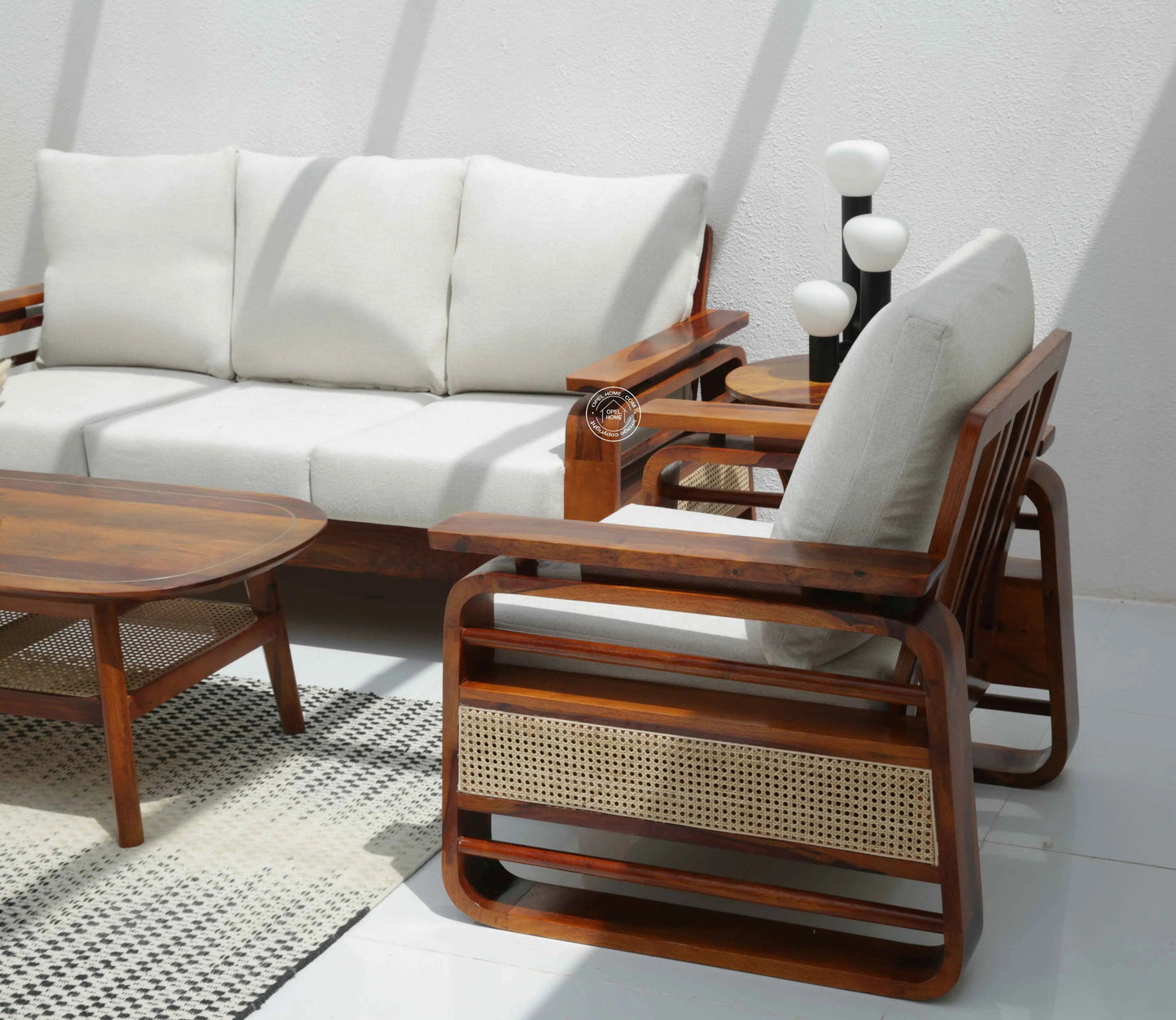 Alleana 3+1+1 Seater Wooden Sofa Set  (Honey finish , Without Coffee Table) | Opelhome UAE