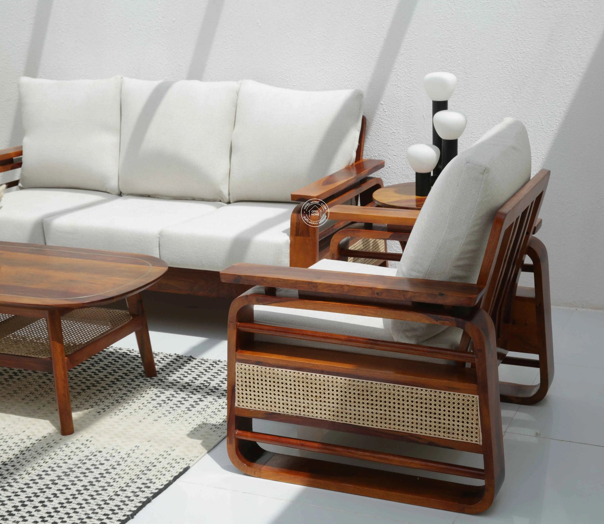 Alleana 3+1+1 Seater Wooden Sofa Set  (Honey finish , Without Coffee Table) | Opelhome UAE