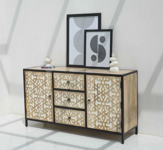 Antonella 3 Drawers & 2 Doors Sideboard – Mango Wood, Metal Frame, Natural Finish | Opelhome UAE