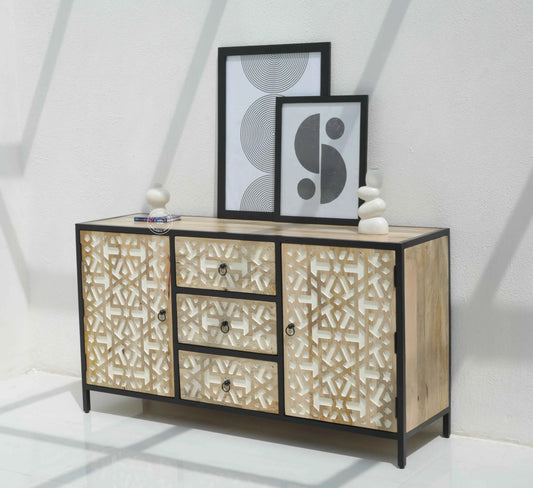 Antonella 3 Drawers & 2 Doors Sideboard – Mango Wood, Metal Frame, Natural Finish | Opelhome UAE