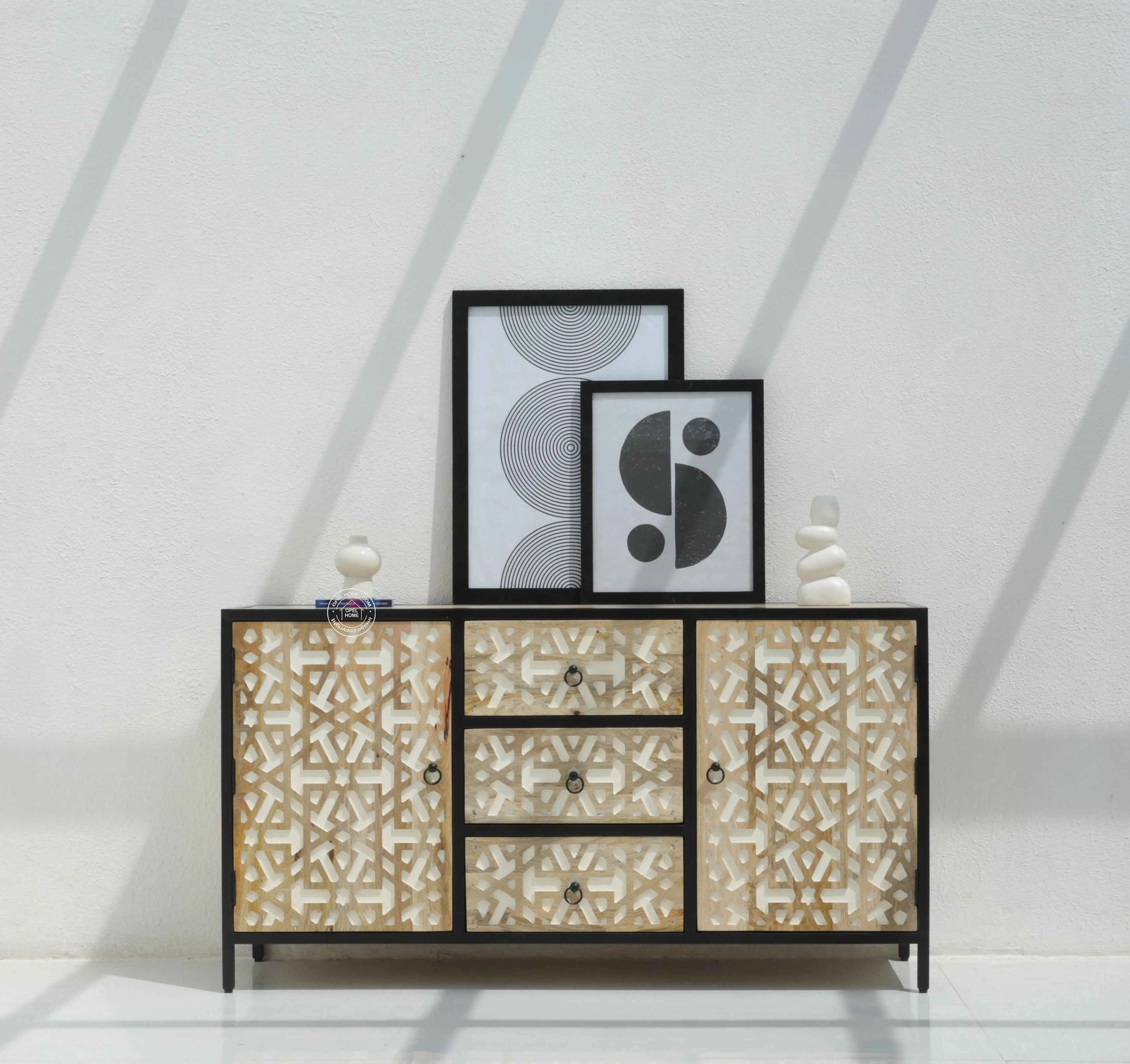 Antonella 3 Drawers & 2 Doors Sideboard – Mango Wood, Metal Frame, Natural Finish | Opelhome UAE